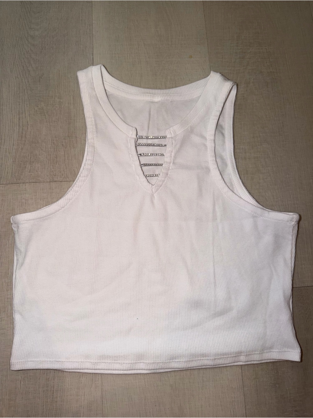 Macy's White Ribbed Tank with Rhinestone Ladder Detail